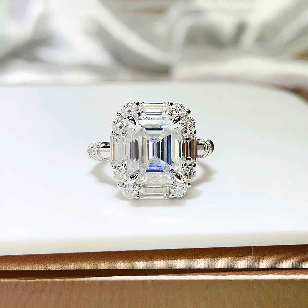 BXINY Luxury 9cttw Emerald Cut Full Moissanite Ring Pure S925 Silver for Women GRA Certified Diamonds Wedding Band Gifts Jewelry