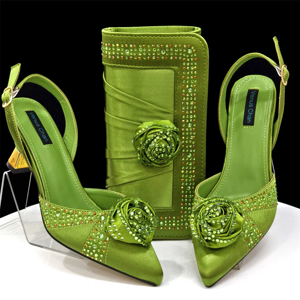 Green Women Shoes And Bag Set African Ladies High Heels Evening Pumps Match With Handbag Clutch Sandals Femmes Sandales CR955