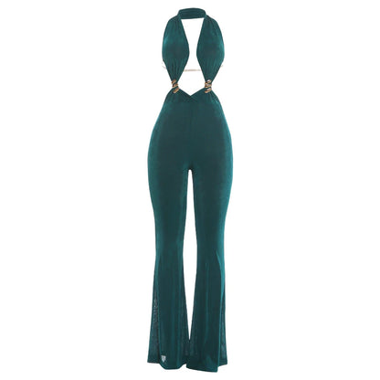 Kliou Sexy Fashion Flared Jumpsuits Woman Halter Open Collar Backless Sleeveless Skinny Peach Hip Midnight Club Party Overalls