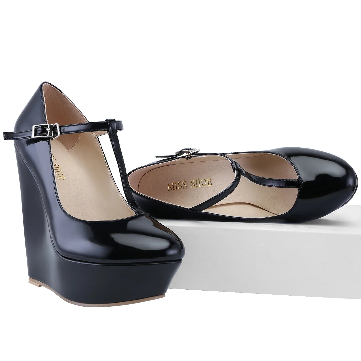 Women Pumps 2026 New Autumn Winter 14cm Round Toes Platform Wedge High Heels T-Strap Gladiator Ladies Dress Party Wedding Shoes