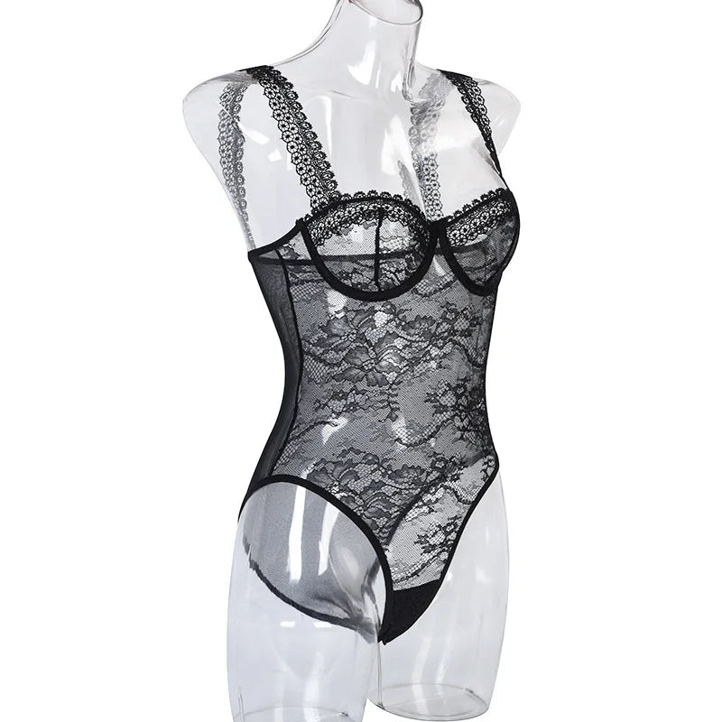 Hirigin Sheer Lace Sexy Underwear Playsuits Ladies Strap Floral Transparent Sexy Bodysuits French Style Sensual Porn Nightwear