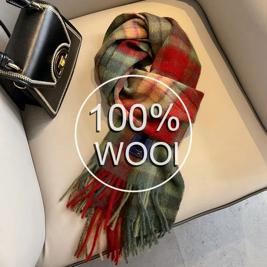 2025 Women 100% Wool Scarf Luxury Plaid Cashmere Handkerchief Warm Winter Female Shawl Pareo Soft Bufanda British Korean