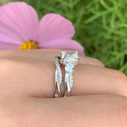Newshe 925 Sterling Silver Moissanite/Zircons Princess Cut Eternity Engagement Rings Twist Wedding Band Bridal Sets