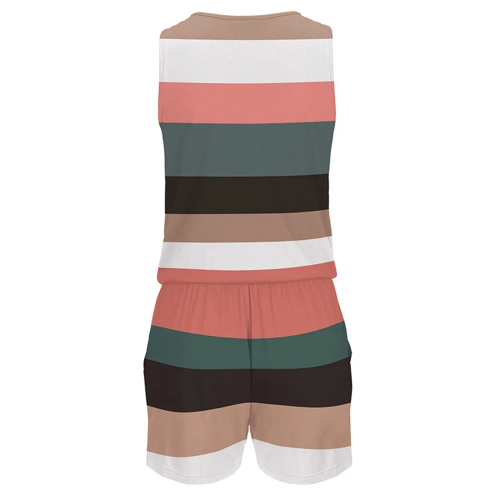2023 summer new hot sales stripe color block print one piece shorts sleeveless zipper v neck one piece