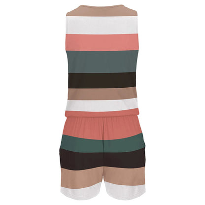 2023 summer new hot sales stripe color block print one piece shorts sleeveless zipper v neck one piece