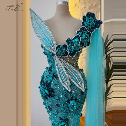 Evening Dresses 3D Floral Appliques Flower Mermaid Dress Design Leaf Rhinestone Dresses Tulle Dresses with Trains Party Dresses