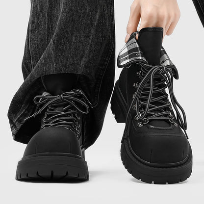 Men High Cut Thick Soled Motorcycle Boots with Trendy Round Toe Straps Comfortable Classic Business Leisure Commuting Men Boots
