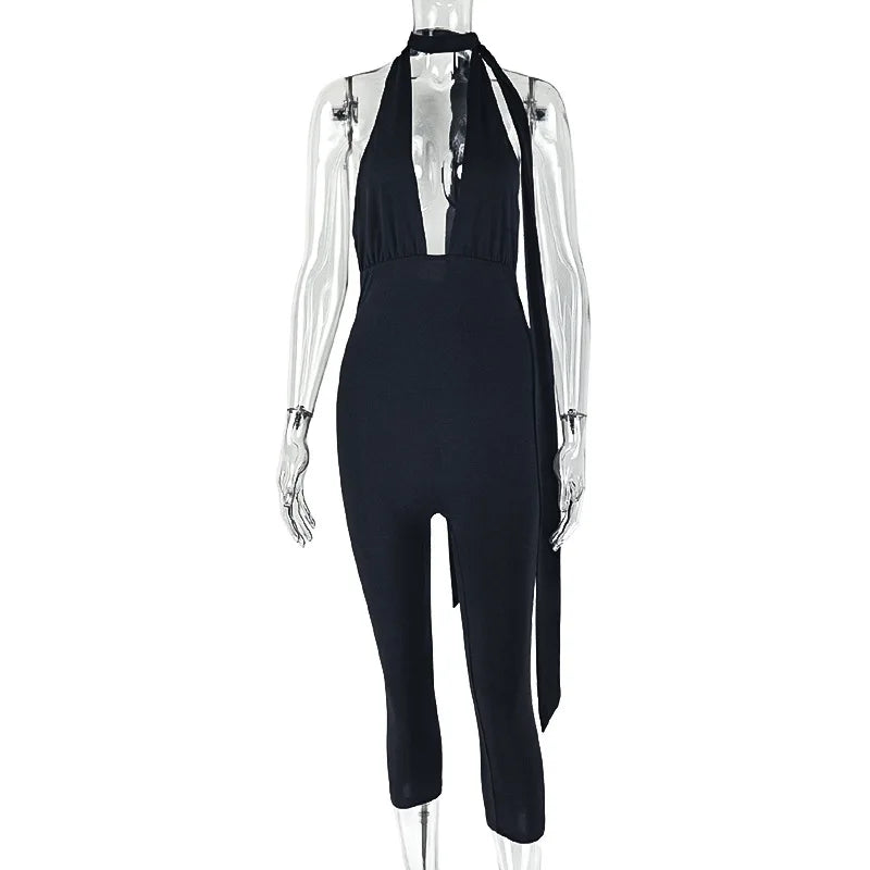 Summer Tights Jumpsuit Women Solid V-neck Backless Lace-Up Slim Stretchy Pencil Pants Calf-length Rompers Sleeveless 65001