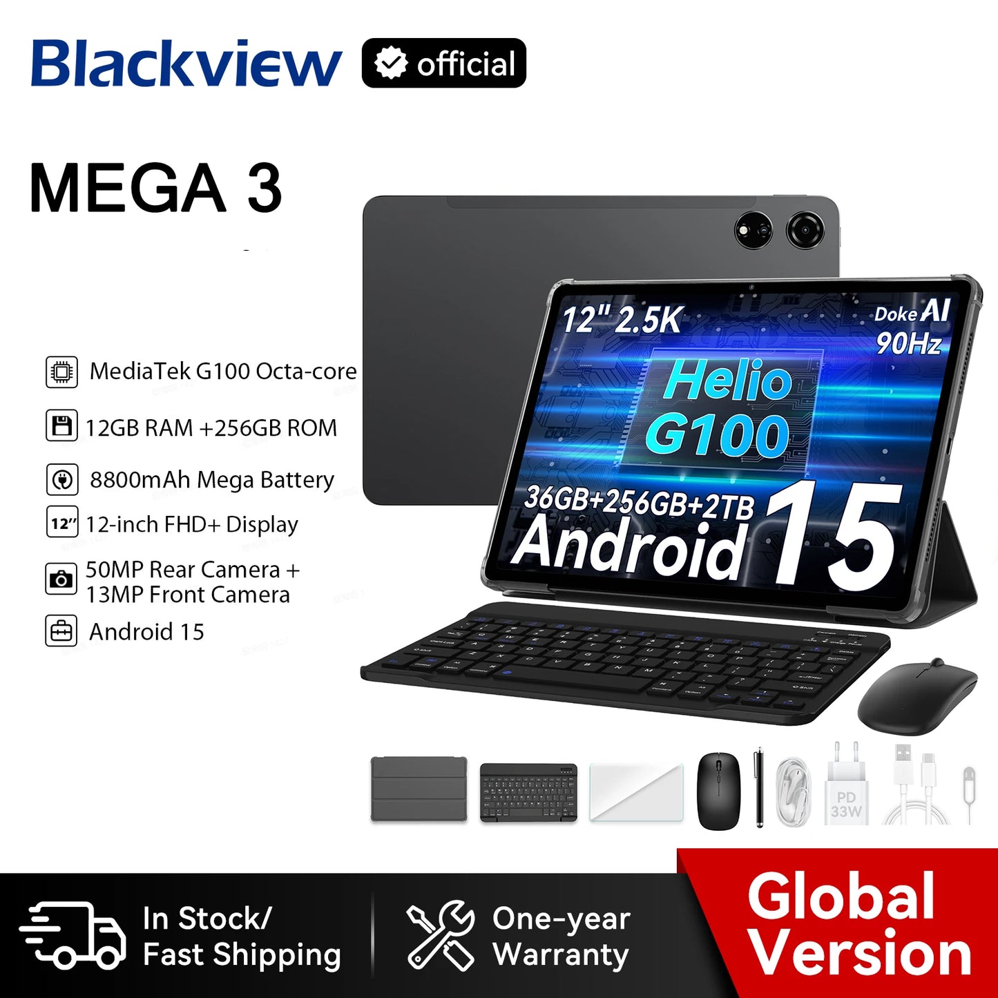 Blackview MEGA 3 Tablet PC 12.1' 2.5K FHD+ Display MTK G100 Octa Core 12GB 256GB 8800mAh 50MP Camera 33W Charger Android 15 Pad