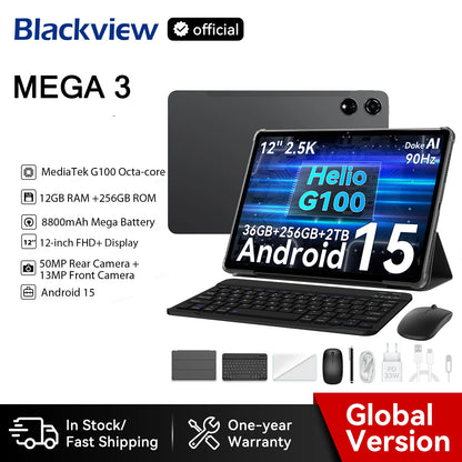 Blackview MEGA 3 Tablet PC 12.1' 2.5K FHD+ Display MTK G100 Octa Core 12GB 256GB 8800mAh 50MP Camera 33W Charger Android 15 Pad