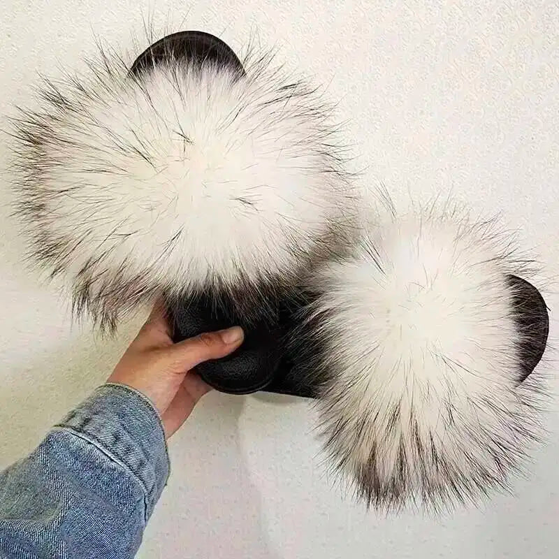 Real Raccoon Fur Slippers For Women 2026 Summer Fluffy Indoor House Fuzzy Flat Slides Outdoor Fashion Beach Sandals Flip Flops