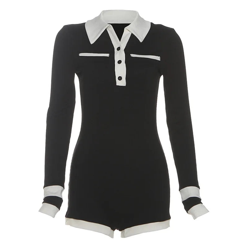 Color Patchwork Ribbed Skinny Playsuits 2025 Autumn Women Fashion Polo-neck Long Sleeve Buttons Slim Casual Rompers Streetwear