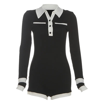 Color Patchwork Ribbed Skinny Playsuits 2025 Autumn Women Fashion Polo-neck Long Sleeve Buttons Slim Casual Rompers Streetwear