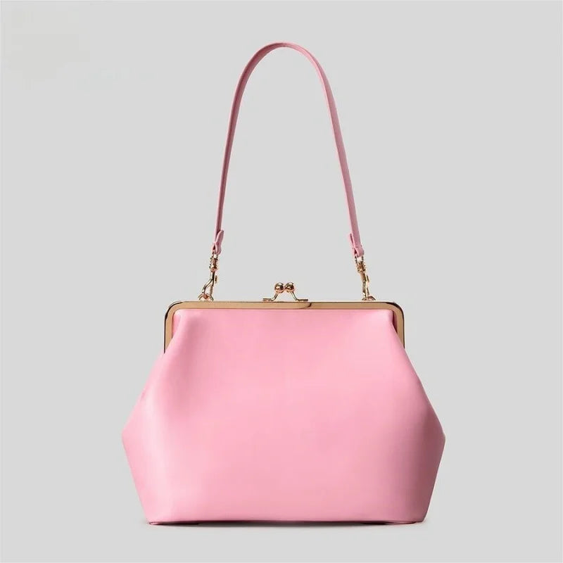 2026 Retro Leather & Straw Woven Bag – Kiss Lock Frame Shell Clutch, Large Capacity Shoulder Tote for Commute Beach Evening