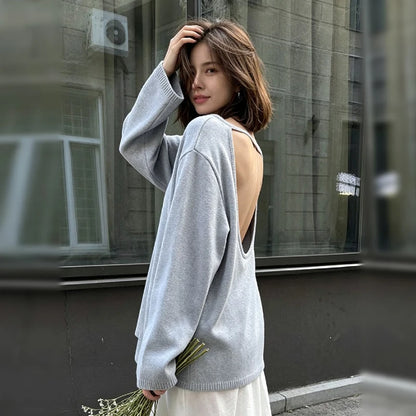 Casual Knitted Sweater Round Neck Open Back Long Sleeves Loose Pullover 2026 Autumn Fashion Daily Versatile Cardigan Top Outfit