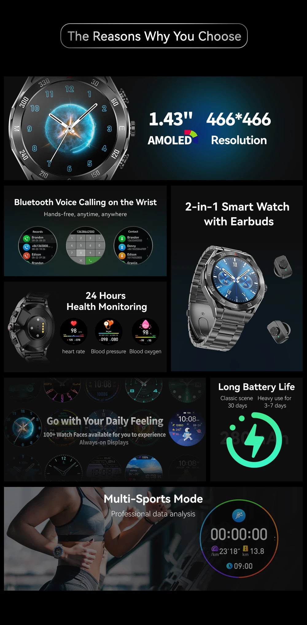 2026 New TWS 2-in-1 Smart Watch Earphones 1.43 "AMOLED Screen with Heart Rate Sleep Monitoring Music Player NFC IP67 Smartwatch