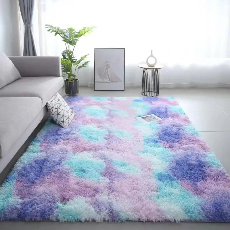 VIKAMA 1PC Silk Wool Rugs Children's Room Living Room Bedroom Tie-Dye Non-Slip Washable Machine Washable Carpet Mats