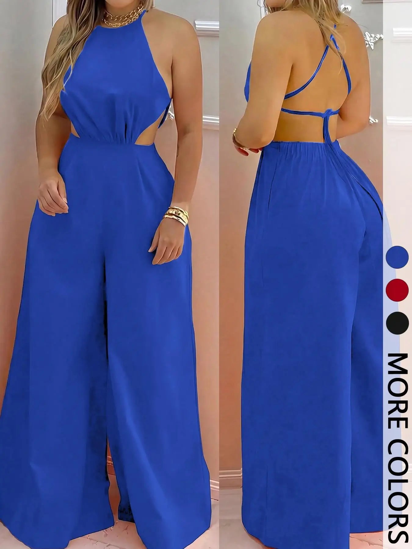 Women's One-Piece Hanging Neck Backless Hollow out Wide Leg Jumpsuit Fashionable Bridesmaid Or Special Occasion Wear