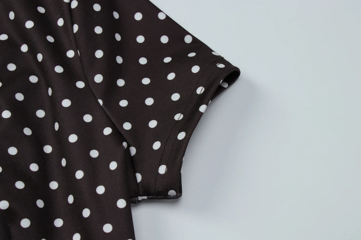 Dulzura Turtleneck Short Sleeve Lace Up Hollow Out Polka Dot Mini Dress Women'S Fashion Sexy Elegant Dress Party Vacation Outfit