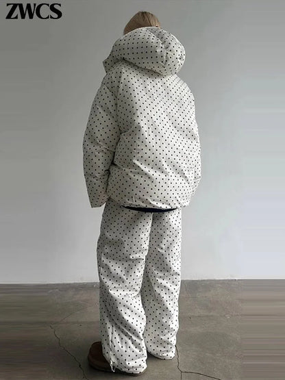 Polka Dots Hooded Cotton Coats Trousers Set 2026 Winter Loose Zippers Drawstring Jacket Elastic Waist Pants Women's Warm Outfits