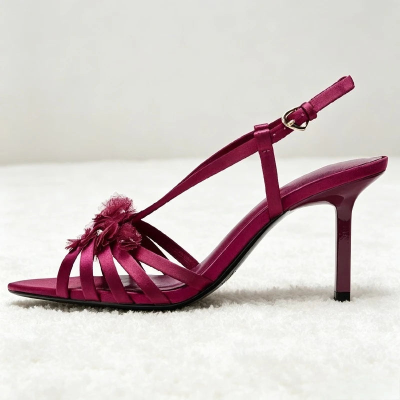 Elegant Designer Heeled Sandals Women Luxury Rhinestone Flower Embellished Satin High Heels Sexy Open Toe Wedding Bridal Shoes