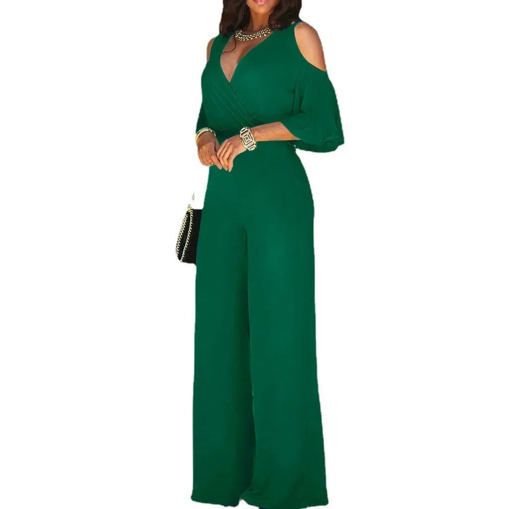 2024 Spring/Summer New Women's jumpsuit loose and elastic V-neck off shoulder waist loose wide leg pants for women's clothing