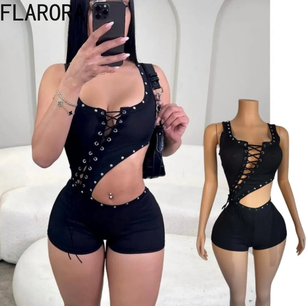 FLARORA Sexy Hollow Out Bandage Rompers Woman Trend Rivet Sleeveless Irregular Skinny Playsuits Hot Girl Party Club Streetwear