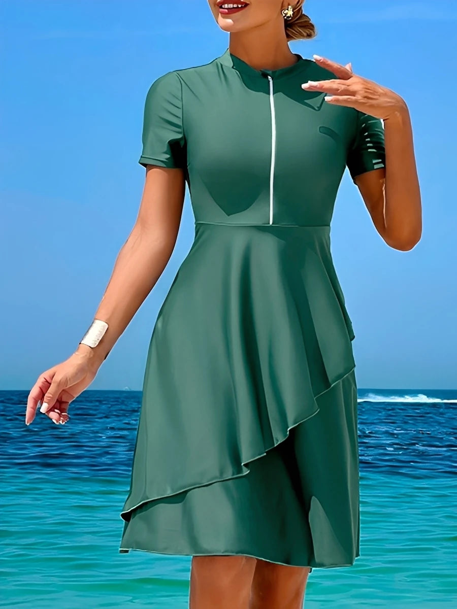 2026 Long Knee Swimwear Female Tankini 2 Pieces Zipper Swimsuit Women Beach Dress Solid Bathers Bathing Swimming Swim Suit
