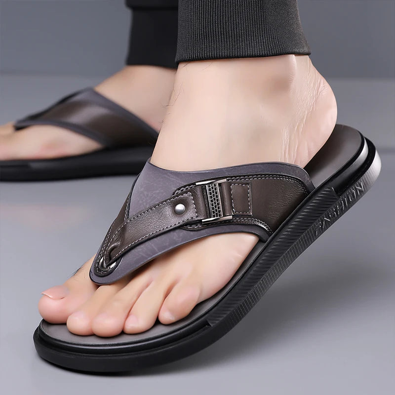 New Trend Men's Flip Flops Leather Beach Sandals Quick Dry Water Shoes Non Slip Summer Slippers Outdoor Slides Walking Sandalias