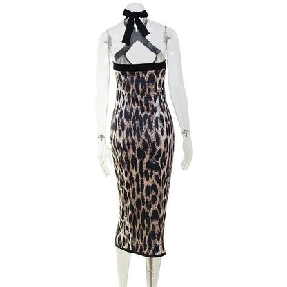2026 Summer Fashion New Women's Elegant Design Leopard Pattern Dress Slimming Bag Hip Hanging Neck Hanging Long Dress