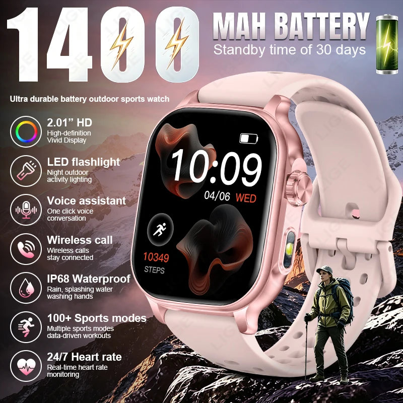 LIGE 2026 New Built-in 1400mAh Super Large Battery Women Men Smart Watch Outdoor 2.01" Screen IP68 Waterproof BT Call Smartwatch