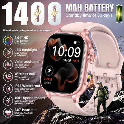 LIGE 2026 New Built-in 1400mAh Super Large Battery Women Men Smart Watch Outdoor 2.01" Screen IP68 Waterproof BT Call Smartwatch