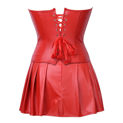 Sexy Leather Dresses Corsets Skirt Overbust Burlesque Front Zipper Gothic Punk Steampunk Bustier Lace Up Plastic Bones Korsett