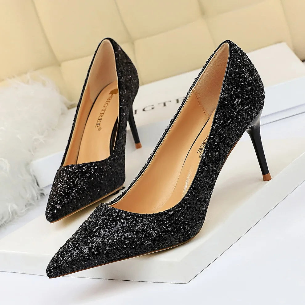 Women 7cm 9.5cm High Heels Pumps Wedding Bridal Scarpins Sparkly Mid Heels Lady Party Sequins Glitter Evening Gold Silver Shoes