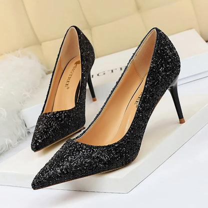 Women 7cm 9.5cm High Heels Pumps Wedding Bridal Scarpins Sparkly Mid Heels Lady Party Sequins Glitter Evening Gold Silver Shoes