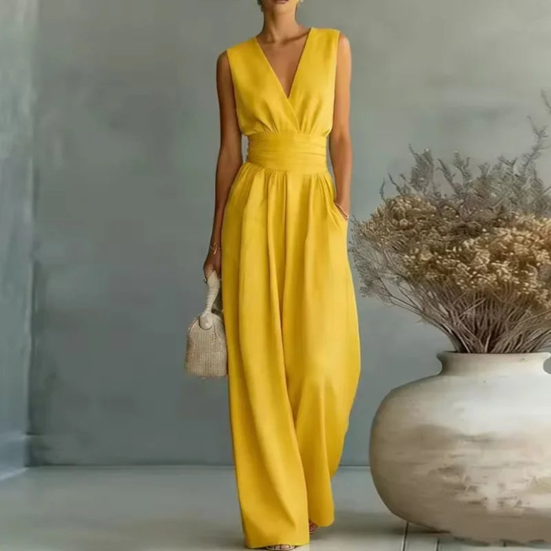 2026 Deep V Neck Women's Jumpsuits Elegant Sleeveless Solid High Waist Rompers Casual Wide Leg Pants Overalls Vacation Outfit