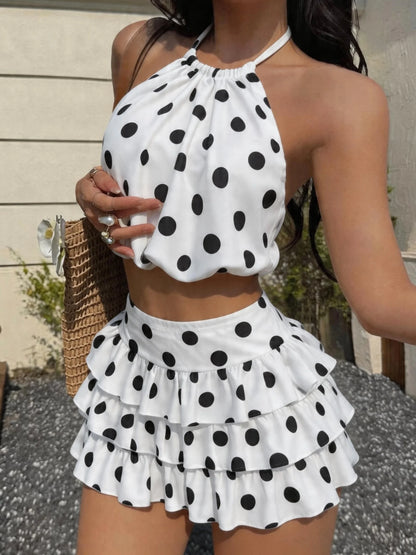 Elegant Polka Dot Print Off-Shoulder Top And Mini Cake Skirt Set for Women Spring Summer New Arrival Fashion Two-Piece Suit