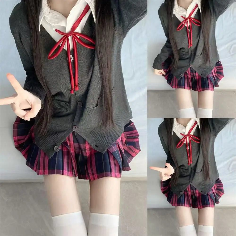 3Pc Set Japanese Korean School Uniforms Multicolor Sweater&Plaid Pleat Skirt with Bow Jk Uniform Suit Graduation Costumes Women