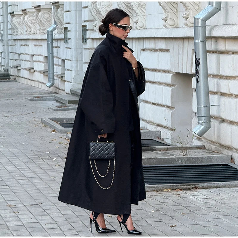 Women Black Long Solid Color Trench Coat Stand Collar Loose Drop Shoulder Single-breasted Windbreaker Lady Commute Outing Wear