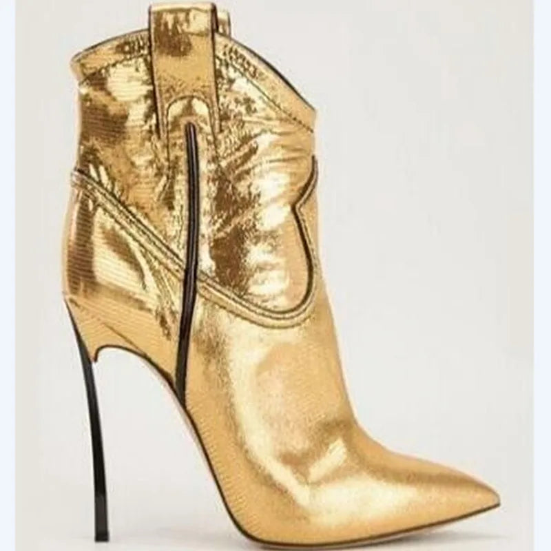 Silver Gold Patent Leather Blade High Heels Ankle Boots Pointed Toe 12 Cm Metal Heel Slip On Runway Booties Woman