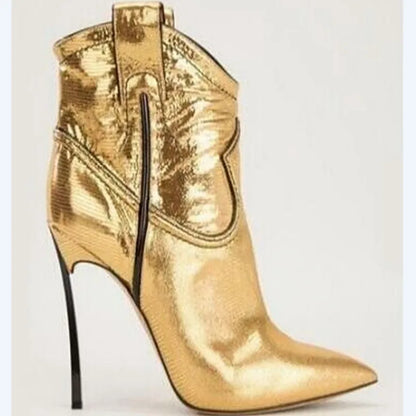 Silver Gold Patent Leather Blade High Heels Ankle Boots Pointed Toe 12 Cm Metal Heel Slip On Runway Booties Woman