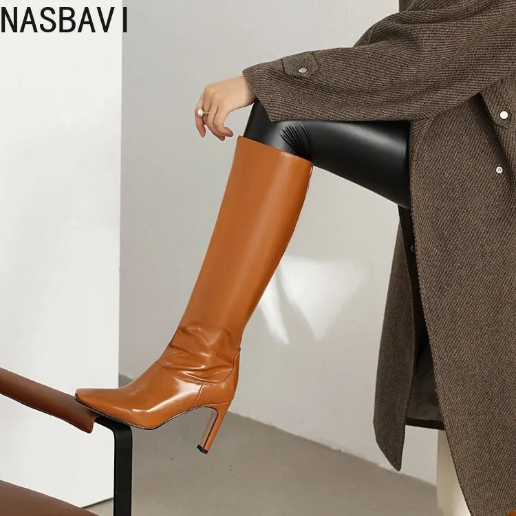 NASBAVI Women's Boots Autumn Winter Fashion New Style Sexy Knee-High Square Heel Square Toe Black Platform High 9cm Plus Size 48