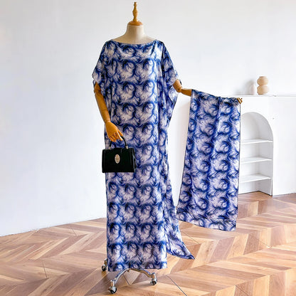 New African Fashion Short Sleeve Colored Pattern Dubai Women Summer Real Silk Soft Printing Loose Tradition Muslim Scraf