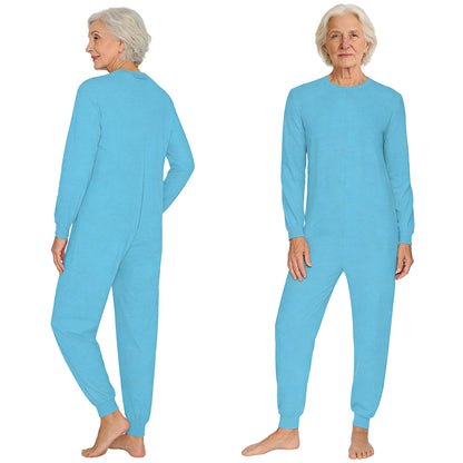 Adult Unisex Elderly Anti-Strip Adaptive Jumpsuit Solid Color Crew Neck Long Sleeve Back Zipper Rompers Special Needs Clothing