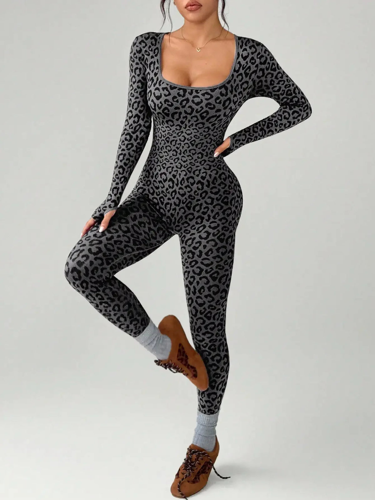 Women Leopard Print Tight Jumpsuit Slimming Hip Hugging Long Sleeve U Collar Stretchy