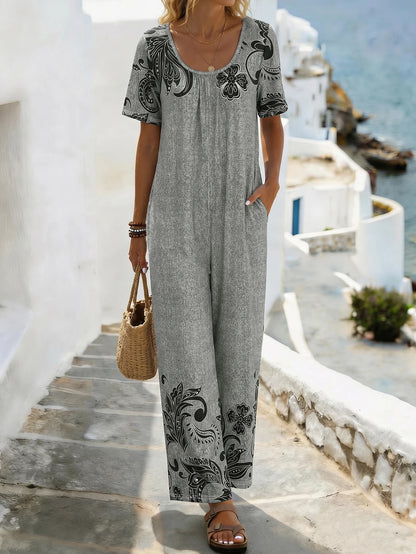 Women's Paisley Floral Print Short Sleeve Wide Leg Jumpsuit, Scoop Neck Casual Romper with Pockets, Summer Boho Outfit