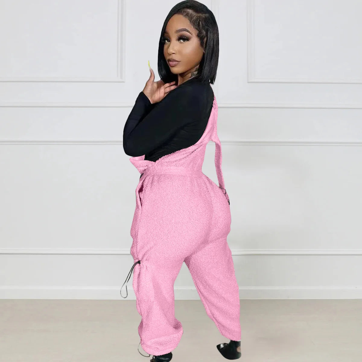 Lace Up Jumpsuit Women One Piece Jumpsuits Fur Rompers High Waist Spring Autumn Pants Mom Overalls Playsuits Elegant Pink