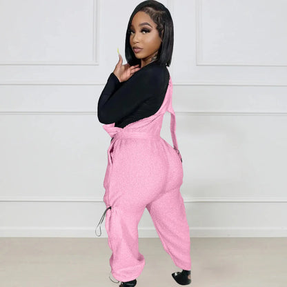Lace Up Jumpsuit Women One Piece Jumpsuits Fur Rompers High Waist Spring Autumn Pants Mom Overalls Playsuits Elegant Pink