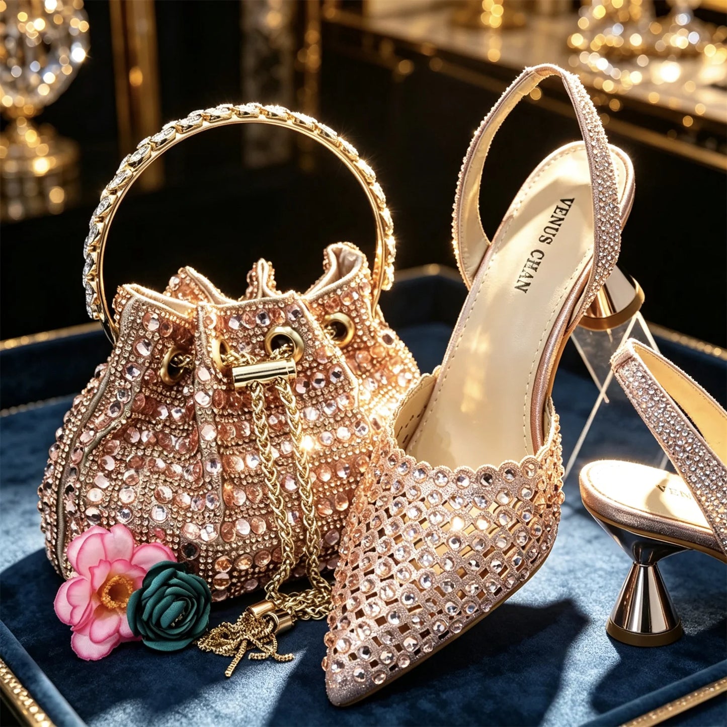Elegant Multicolor Rhinestone Slingback Heels & Bucket Bag Set Luxury Crystal Matching Kit for Wedding Party Evening Bridal Form