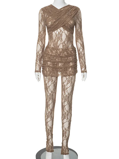 GACVGA New Lace Jumpsuits for Women Long Sleeve See Through Romper With Skirts Two Piece Set Sexy Party Club Jumpsuit